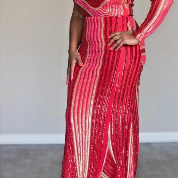 Elegant One Shoulder Red and Pink Striped Dress - Picture 1 of 8